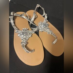 Embellished Silver T-Strap Sandals for Women 9W